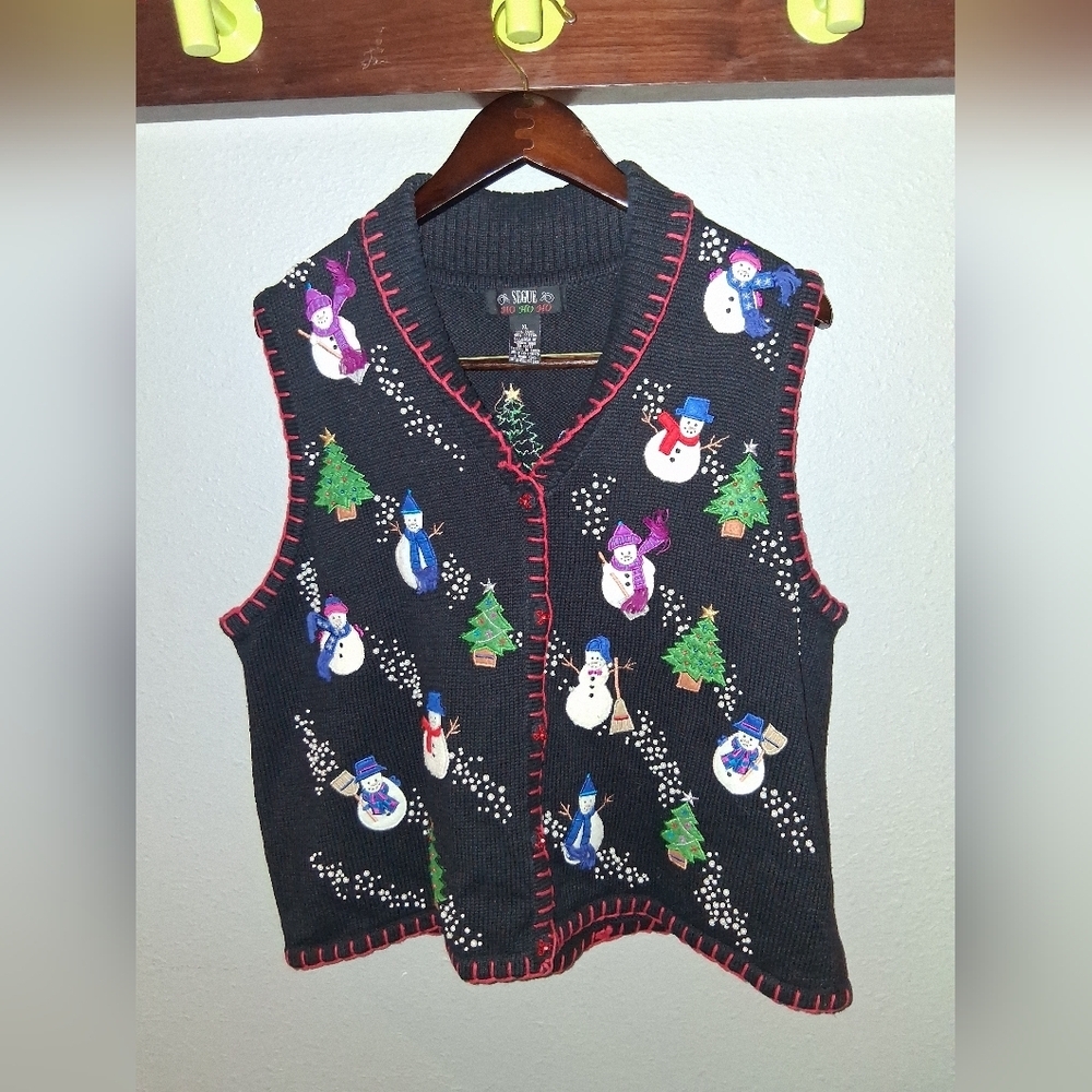 segue ugly Christmas sweater vest black small Snowmen trees beads XL